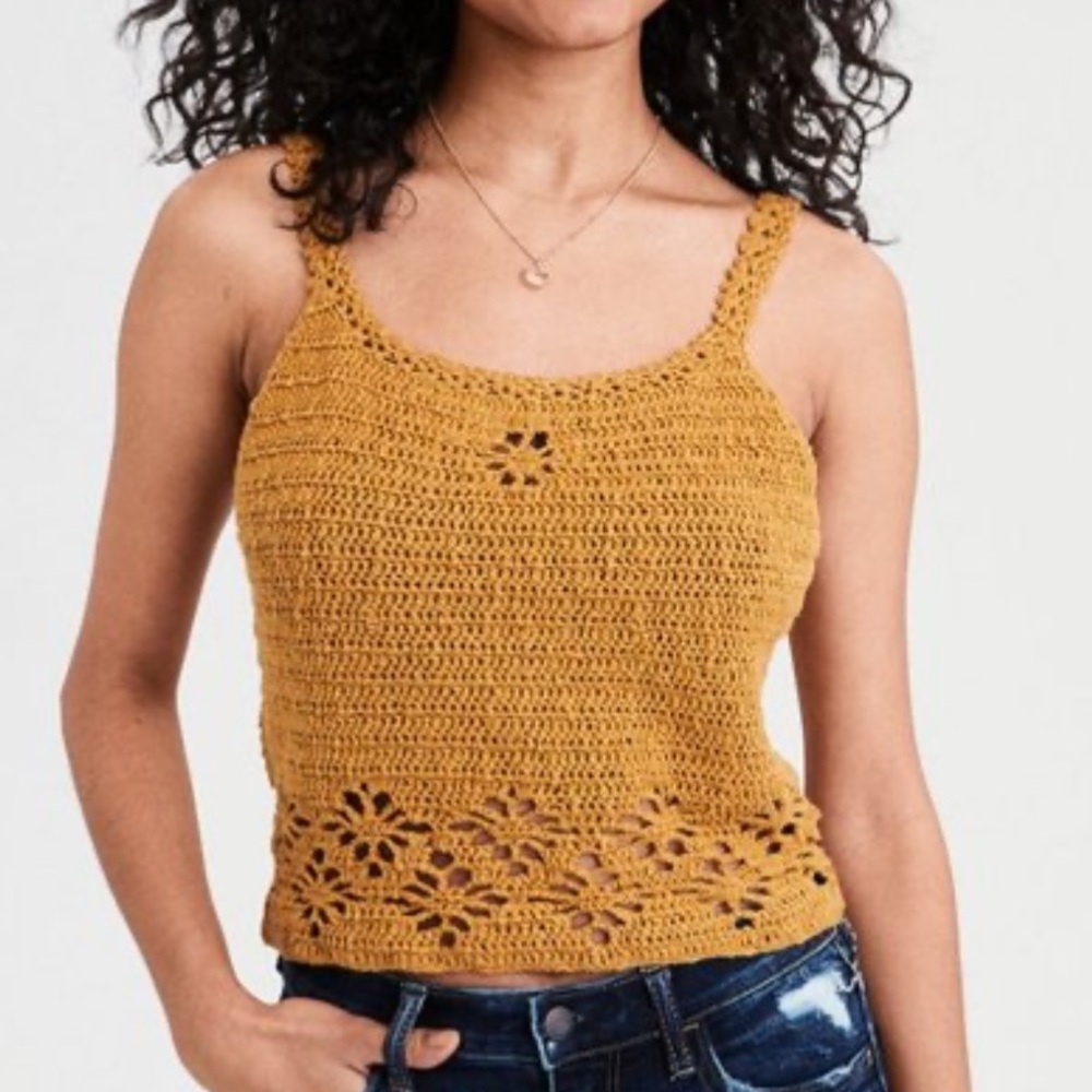 NWT American Eagle Crochet Knit Tank Top Women’s Small Marigold Y2K Cut-Out - Picture 2 of 7